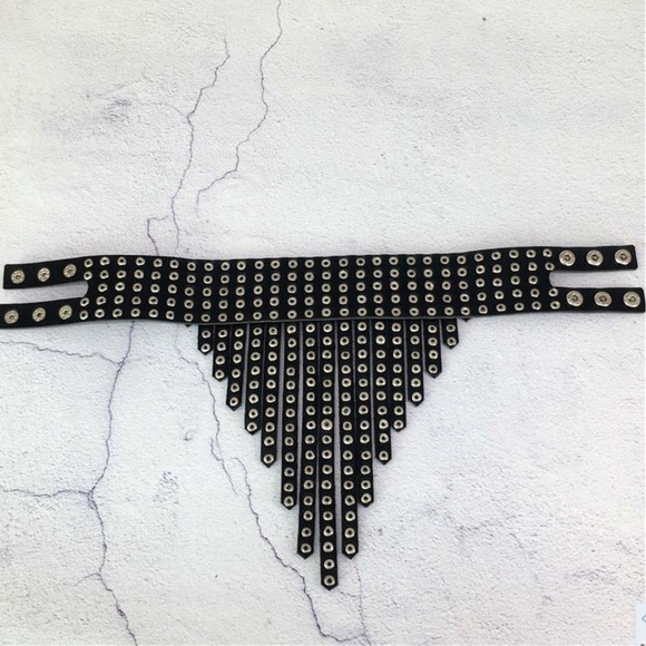 New Black Leather Studded Fringe Collar Statement Necklace - Picture 3 of 16